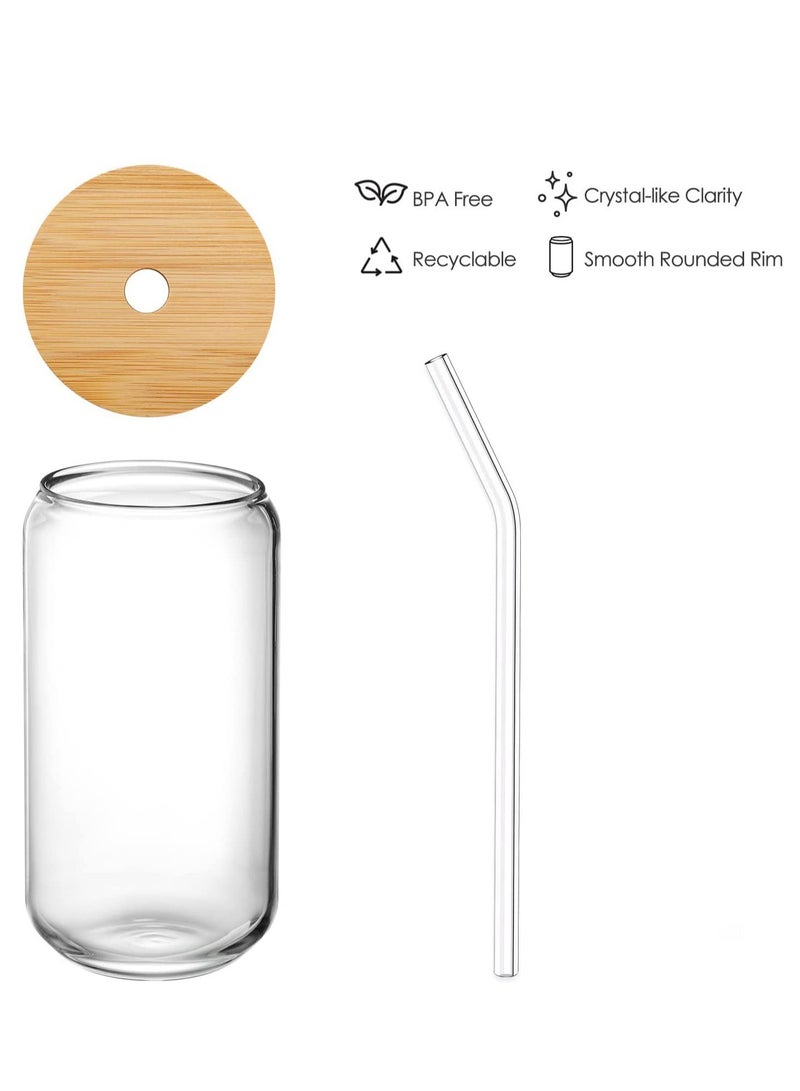 [ 4pcs Set ] Glass Cups with Bamboo Lids and Glass Straw Can Shaped Drinking Glasses 16 oz Iced Coffee Glasses Tumbler Cup for Smoothie Boba Tea,Water