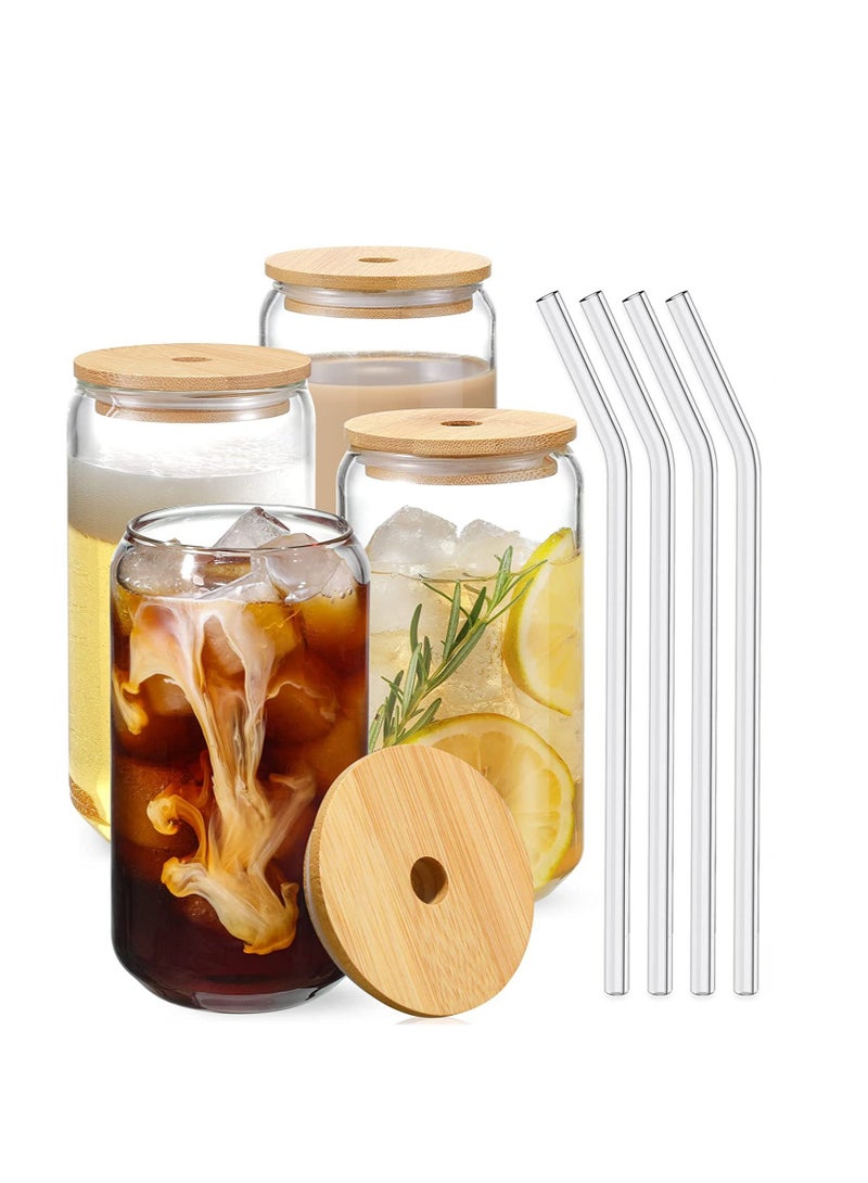 [ 4pcs Set ] Glass Cups with Bamboo Lids and Glass Straw Can Shaped Drinking Glasses 16 oz Iced Coffee Glasses Tumbler Cup for Smoothie Boba Tea,Water