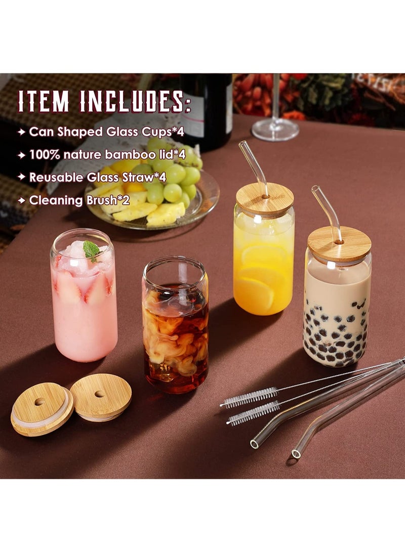 [ 4pcs Set ] Glass Cups with Bamboo Lids and Glass Straw Can Shaped Drinking Glasses 16 oz Iced Coffee Glasses Tumbler Cup for Smoothie Boba Tea,Water