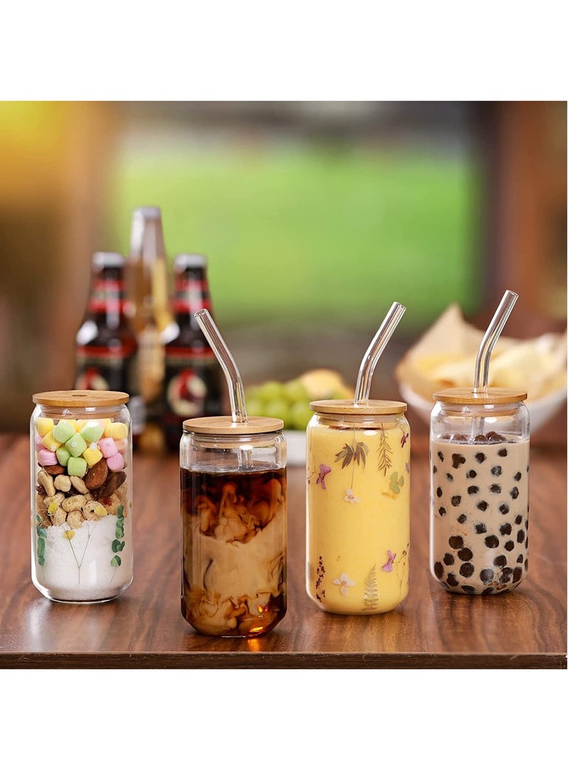 [ 4pcs Set ] Glass Cups with Bamboo Lids and Glass Straw Can Shaped Drinking Glasses 16 oz Iced Coffee Glasses Tumbler Cup for Smoothie Boba Tea,Water