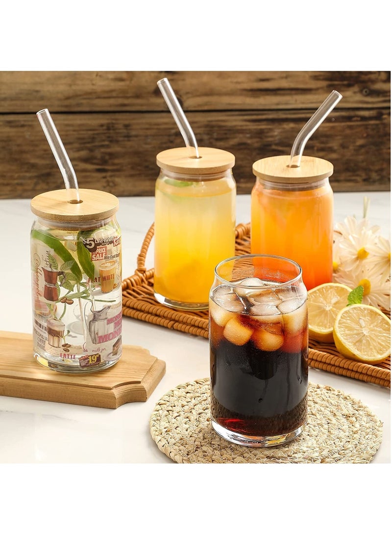 6 pcs Set  Glass Cups with Bamboo Lids and Glass Straw Can Shaped Drinking Glasses 16 oz Iced Coffee Glasses Tumbler Cup for Smoothie Boba Tea Water