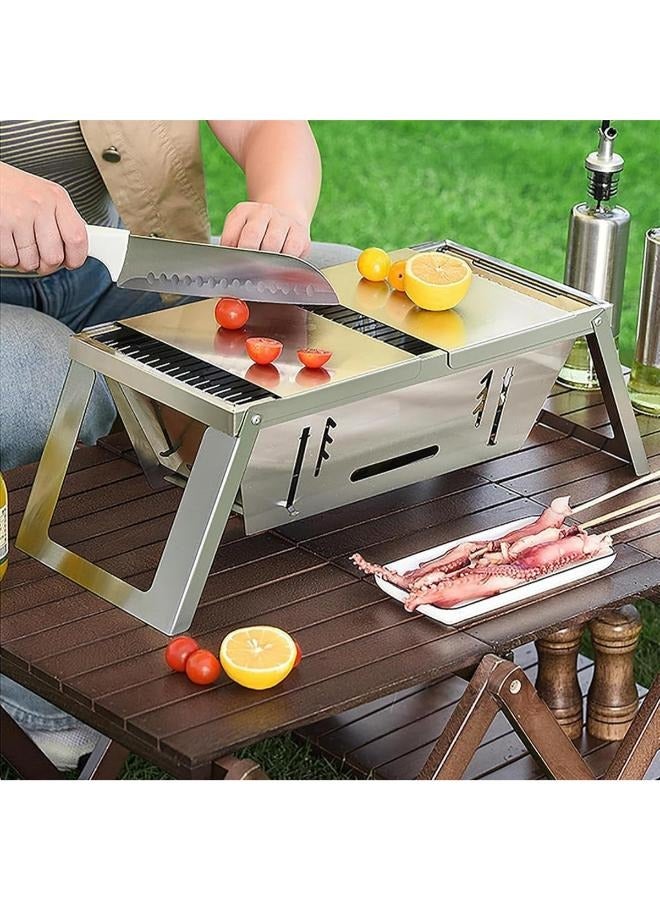 Portable Grill Thy German Grill, Portable Charcoal Grill Foldable Grills, 3 Hight Adjustable Stainless Steel Folding Charcoal Backpacking Stove with Grill Gloves Carry Bag