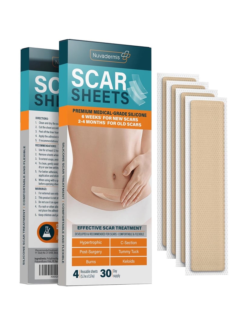 NUVADERMIS Silicone Scar Sheets – Extra Long Medical-Grade Scar Sheets for C-Section, Tummy Tuck, Keloid, and Surgical Scars – Reusable and Effective – Pack of 4 – Light Tone