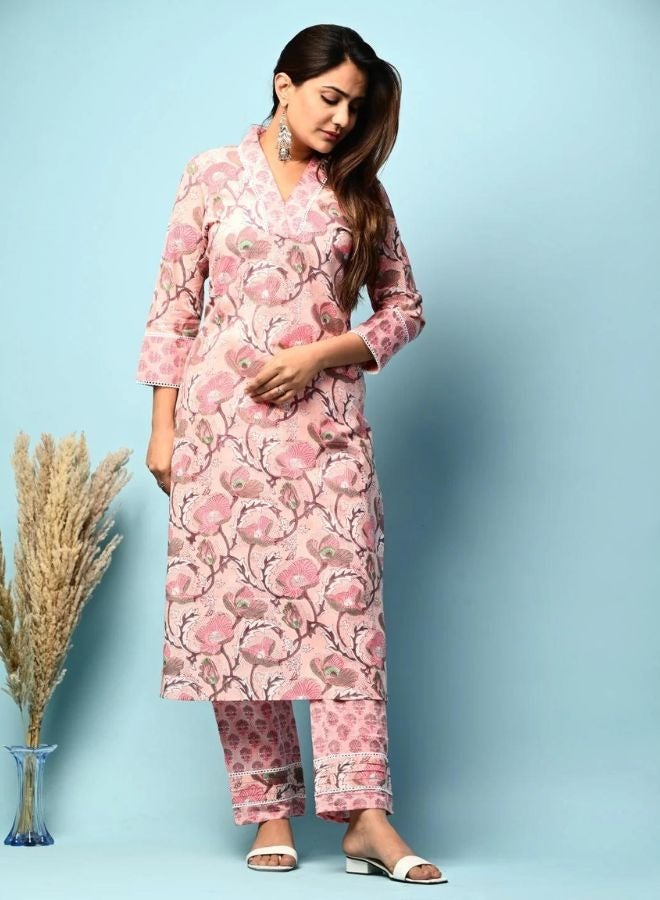 Powder Pink Floral Kurta Pant Set