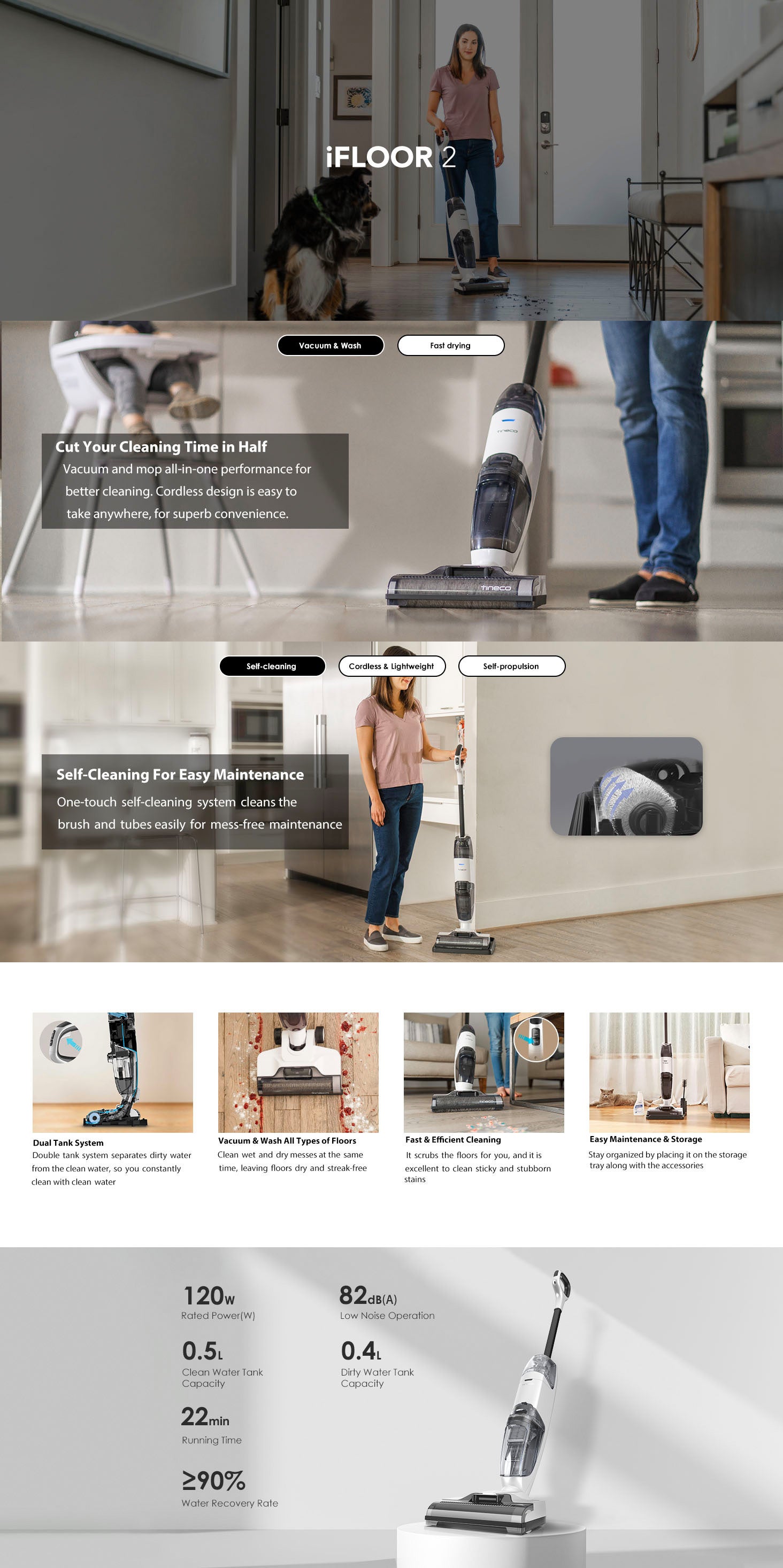 iFloor 2 Max Wet and Dry Cordless Vacuum Cleaner and Mop, Self cleaning with Streak-free Drying, Ideal for Hard Floors, All corners, sticky messes and pet Hairs, Portable and Lightweight Design 0.55 L 120 W IFLOOR 2 Max ‎White/Grey