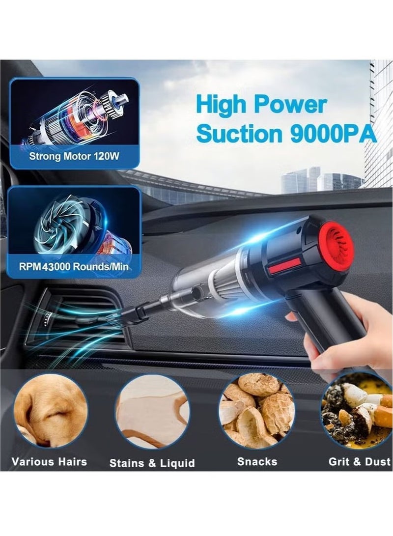 3-in-1 Portable Small Cordless handheld Vacuum Cleaner Rechargeable with 9000PA Powerful Suction for Car/Office/Home, Extension Function to inflate/Deflate for Swimming Ring