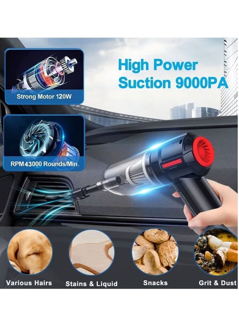 3-in-1 Portable Small Cordless handheld Vacuum Cleaner Rechargeable with 9000PA Powerful Suction for Car/Office/Home, Extension Function to inflate/Deflate for Swimming Ring