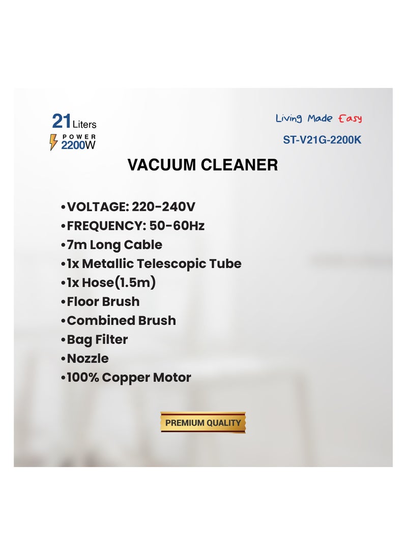 STAR TRACK 21L Vacuum Cleaner, 2200W Power, 7m Cable, Telescopic Tube, 100% Copper Motor