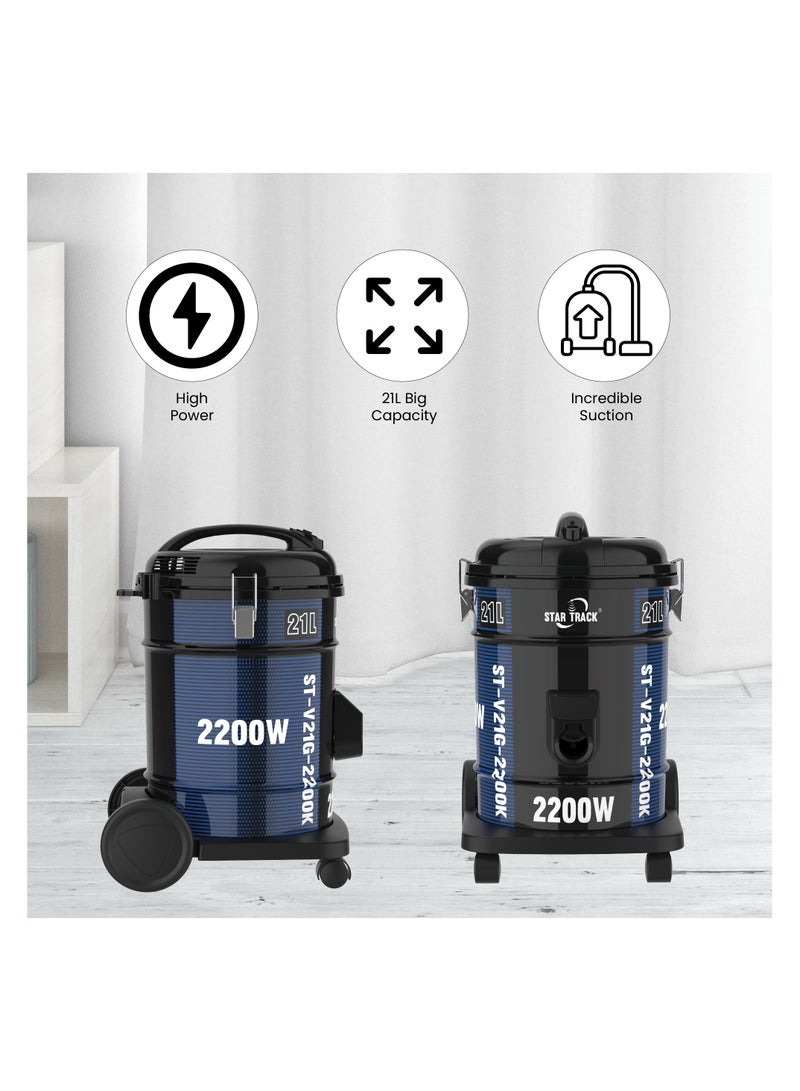 STAR TRACK 21L Vacuum Cleaner, 2200W Power, 7m Cable, Telescopic Tube, 100% Copper Motor