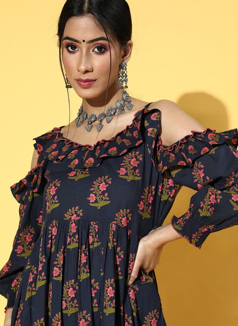 Navy Blue Floral Printed Pure Cotton Dress
