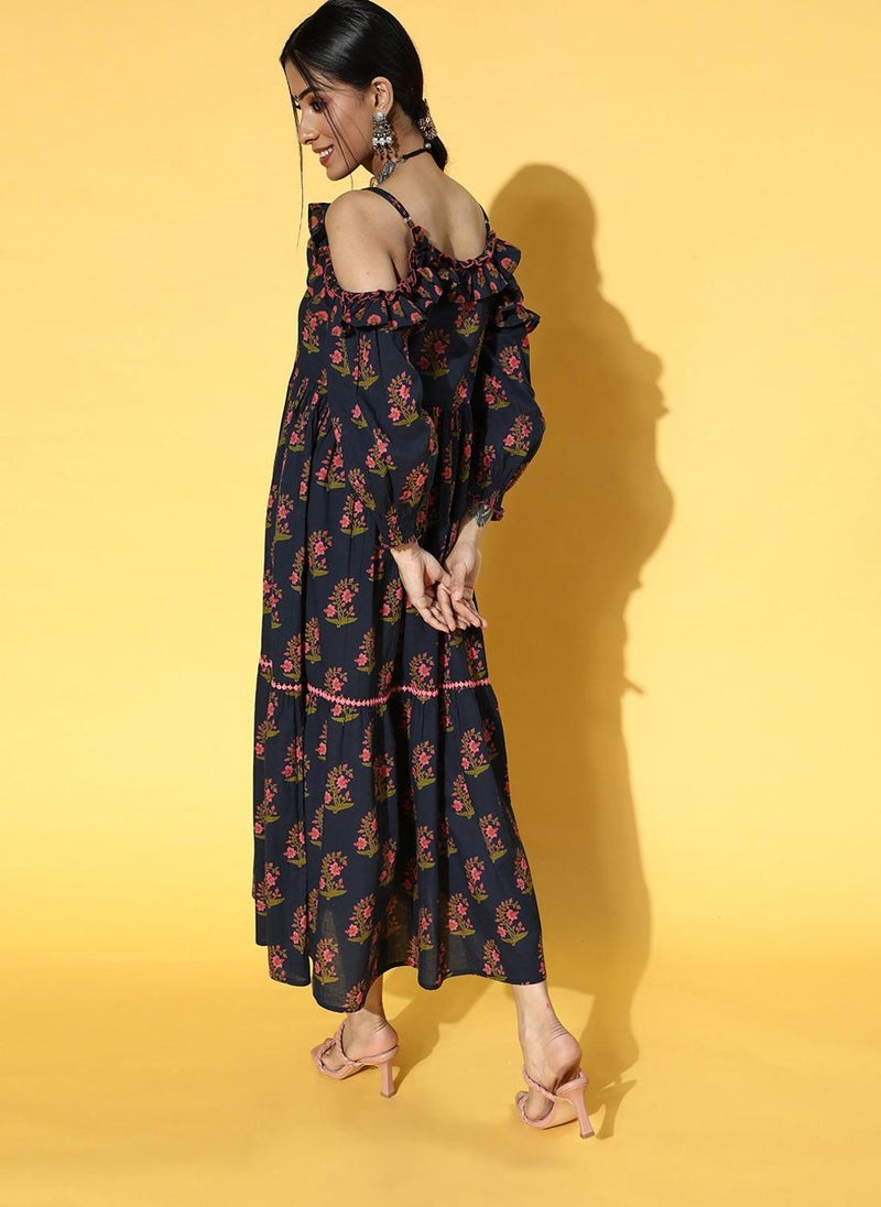 Navy Blue Floral Printed Pure Cotton Dress