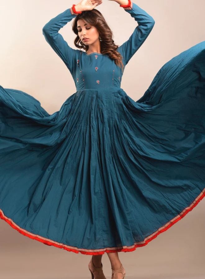 Peacock Blue Flared Gathered Waist Long Dress