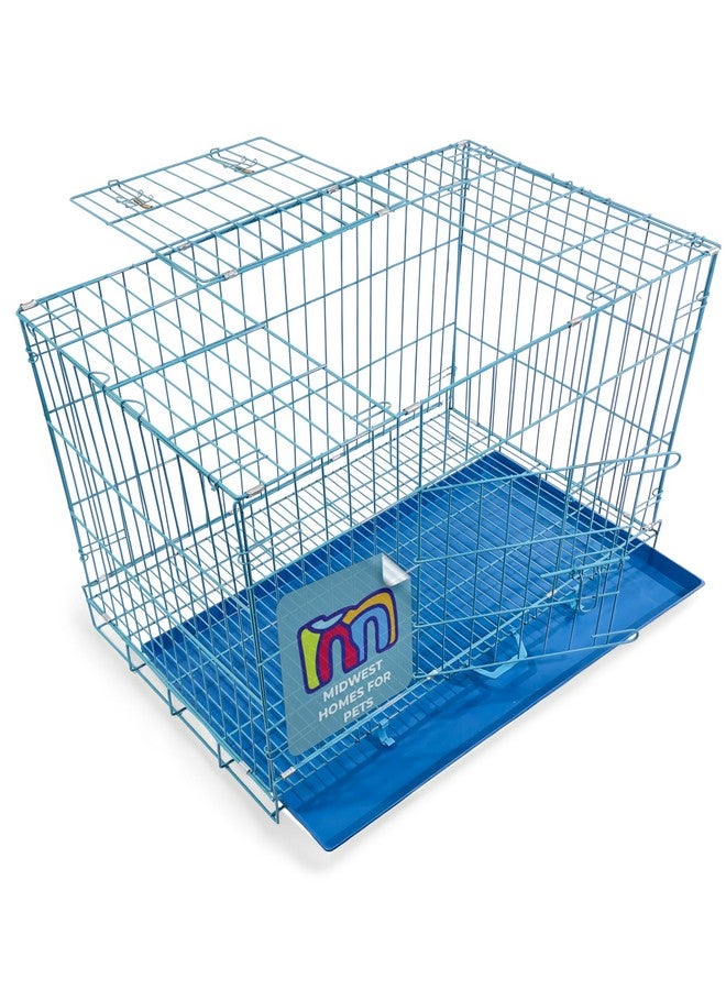 Midwest Dog Crates Cage Kennel 24 Inch - Age 2-4 Month & Adult Cats Crate (24Lx17Wx18H) - Sturdy Metal Construction - Portable & Foldable Design - Blue Color