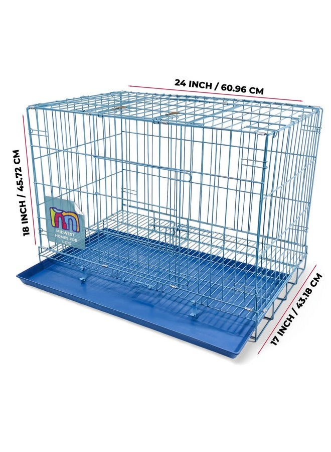 Midwest Dog Crates Cage Kennel 24 Inch - Age 2-4 Month & Adult Cats Crate (24Lx17Wx18H) - Sturdy Metal Construction - Portable & Foldable Design - Blue Color