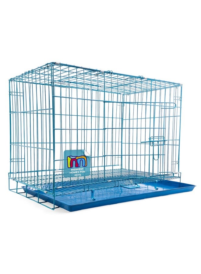 Midwest Dog Crates Cage Kennel 24 Inch - Age 2-4 Month & Adult Cats Crate (24Lx17Wx18H) - Sturdy Metal Construction - Portable & Foldable Design - Blue Color