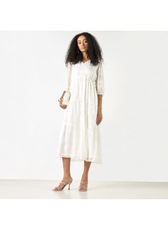 2Xtremz Embroidered V-neck A-line Midi Dress with Puff Sleeves