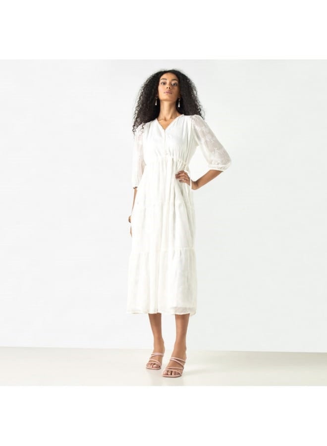 2Xtremz Embroidered V-neck A-line Midi Dress with Puff Sleeves