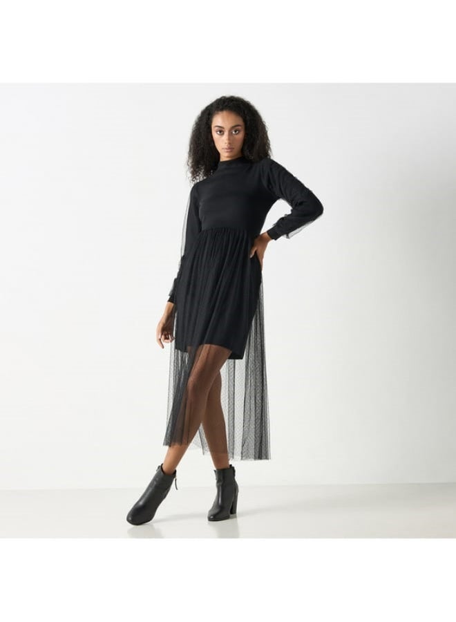 2Xtremz Mesh Textured Midi Dress with Long Sleeves and High Neck