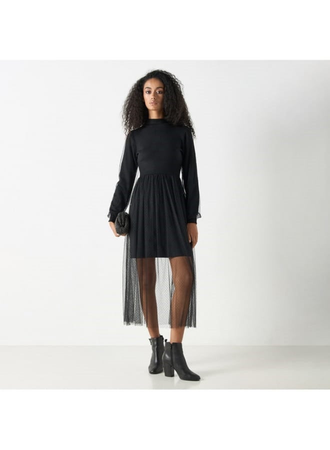 2Xtremz Mesh Textured Midi Dress with Long Sleeves and High Neck