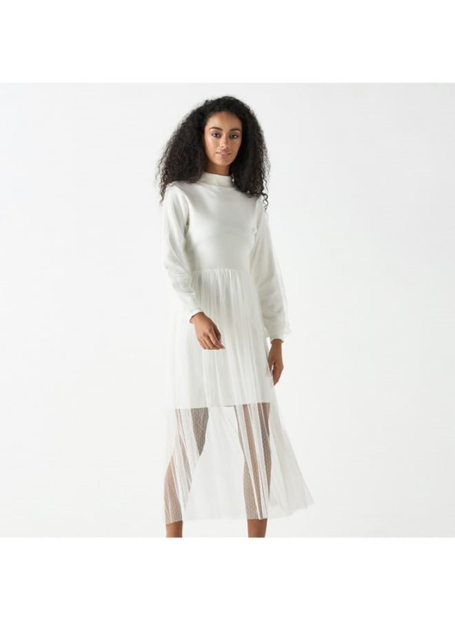 2Xtremz Mesh Textured Midi Dress with Long Sleeves and High Neck