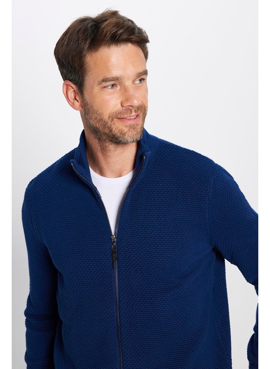 Men's Patterned Half Turtleneck Zippered Blue Cardigan