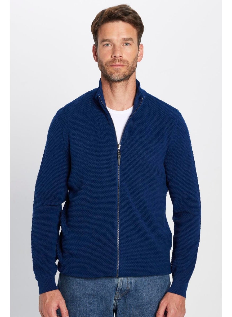 Men's Patterned Half Turtleneck Zippered Blue Cardigan