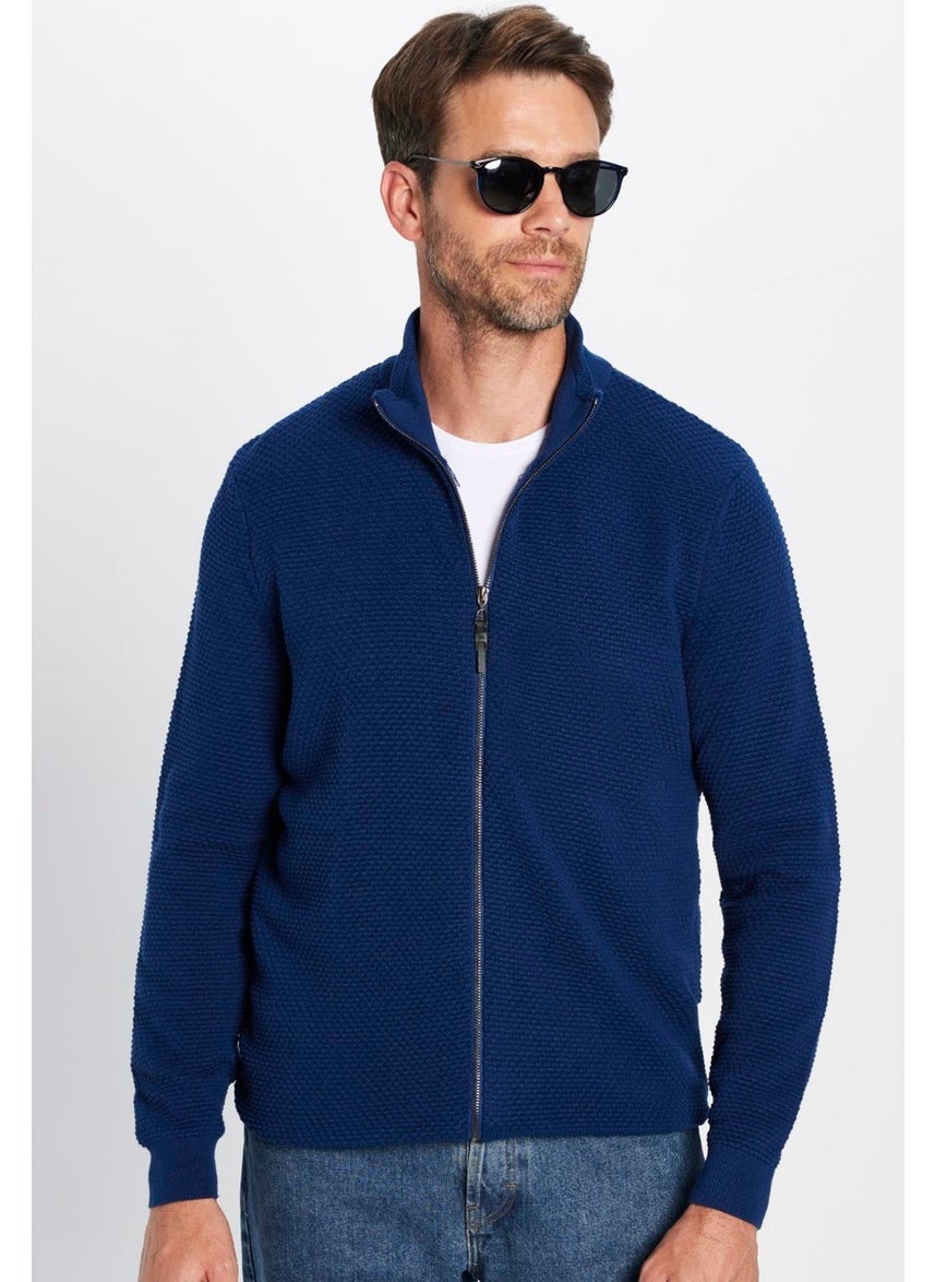 Men's Patterned Half Turtleneck Zippered Blue Cardigan