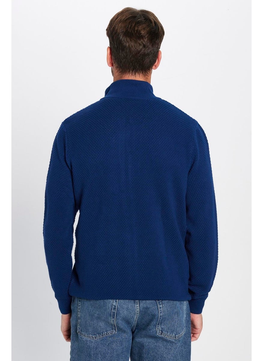 Men's Patterned Half Turtleneck Zippered Blue Cardigan