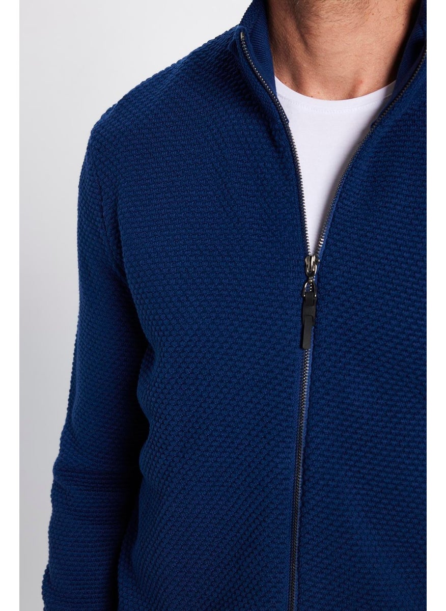 Men's Patterned Half Turtleneck Zippered Blue Cardigan