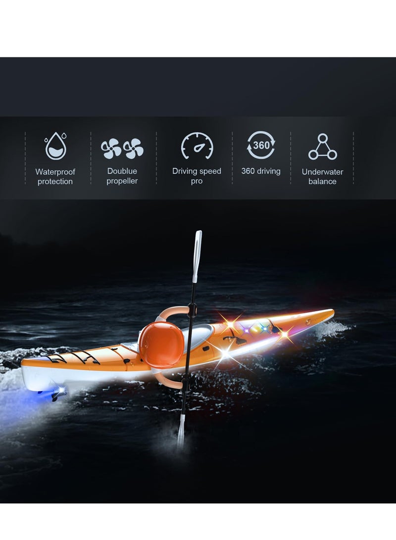 Remote Control Boat for Kids with LED Lights, 2.4GHz Simulated RC Kayak with Paddle for Lake, River, Pool, and Bathtub, Balance Water Toys for Boys and Girls, Cool Gifts for Kids 4-12 (Orange)