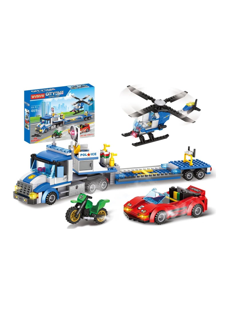 City Police Truck and Trailer Building Sets, Compatible with Lego Police Car with Tow Truck, Helicopter, Car, Motorcycle, Police Chase Building Blocks Toy Set Gift for Boys Aged 6-12, 509 PCS