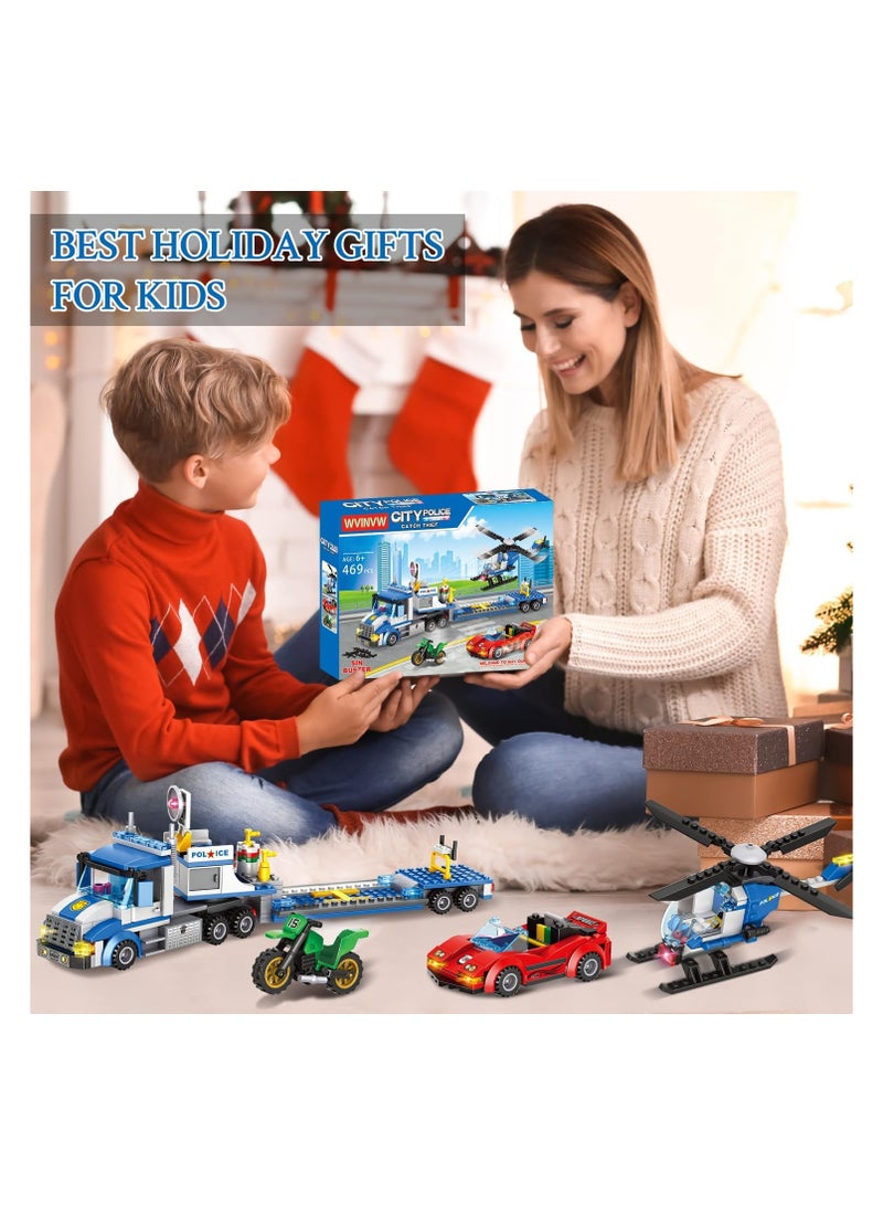 City Police Truck and Trailer Building Sets, Compatible with Lego Police Car with Tow Truck, Helicopter, Car, Motorcycle, Police Chase Building Blocks Toy Set Gift for Boys Aged 6-12, 509 PCS