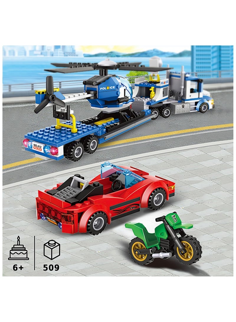 City Police Truck and Trailer Building Sets, Compatible with Lego Police Car with Tow Truck, Helicopter, Car, Motorcycle, Police Chase Building Blocks Toy Set Gift for Boys Aged 6-12, 509 PCS