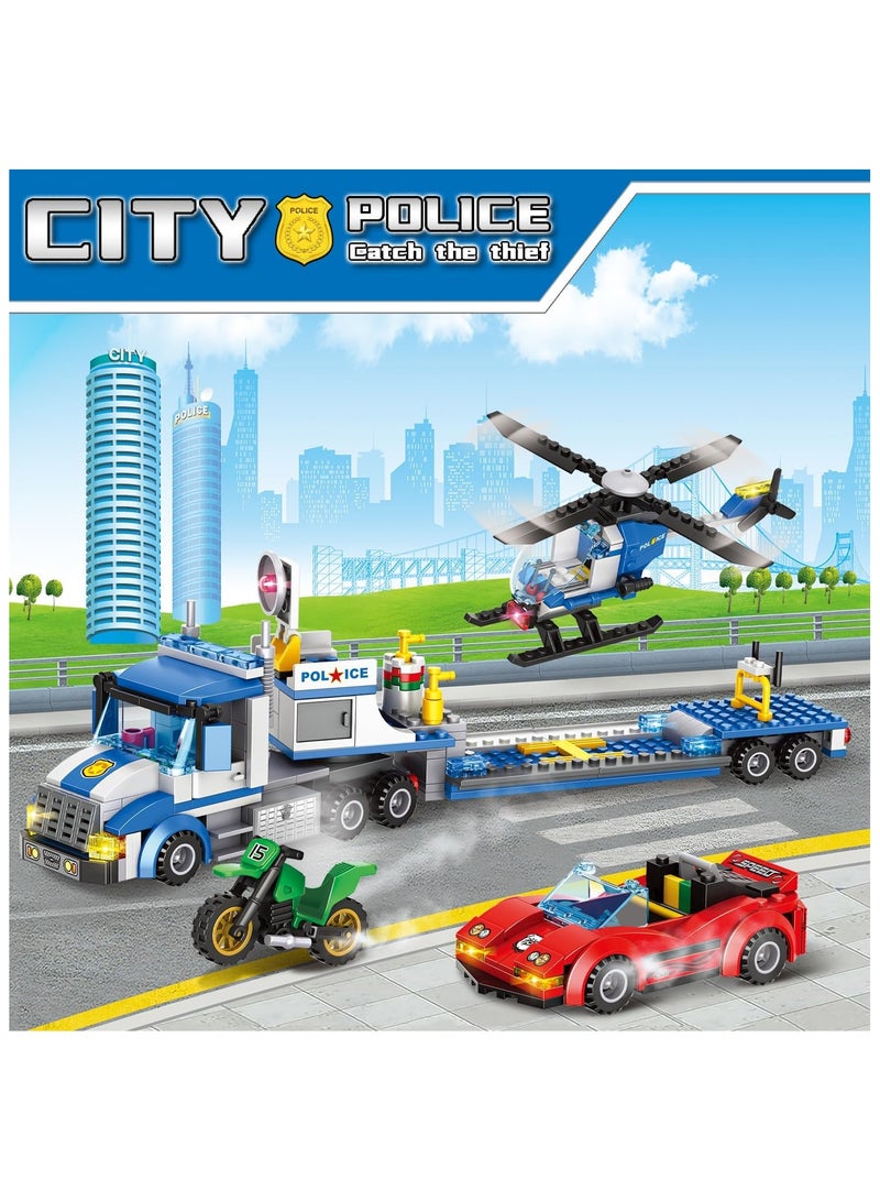 City Police Truck and Trailer Building Sets, Compatible with Lego Police Car with Tow Truck, Helicopter, Car, Motorcycle, Police Chase Building Blocks Toy Set Gift for Boys Aged 6-12, 509 PCS