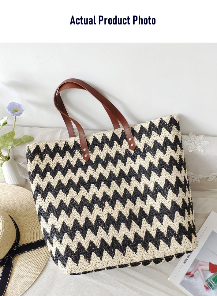 New INS Korean Style Geometric Woven Fabric Large Capacity Tote Bag, Unique Design Travel Vacation Beach Bag