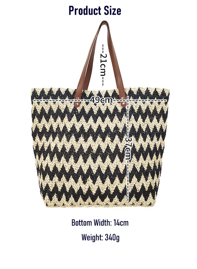 New INS Korean Style Geometric Woven Fabric Large Capacity Tote Bag, Unique Design Travel Vacation Beach Bag