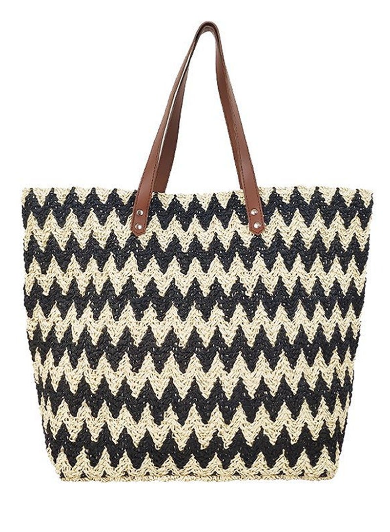 New INS Korean Style Geometric Woven Fabric Large Capacity Tote Bag, Unique Design Travel Vacation Beach Bag