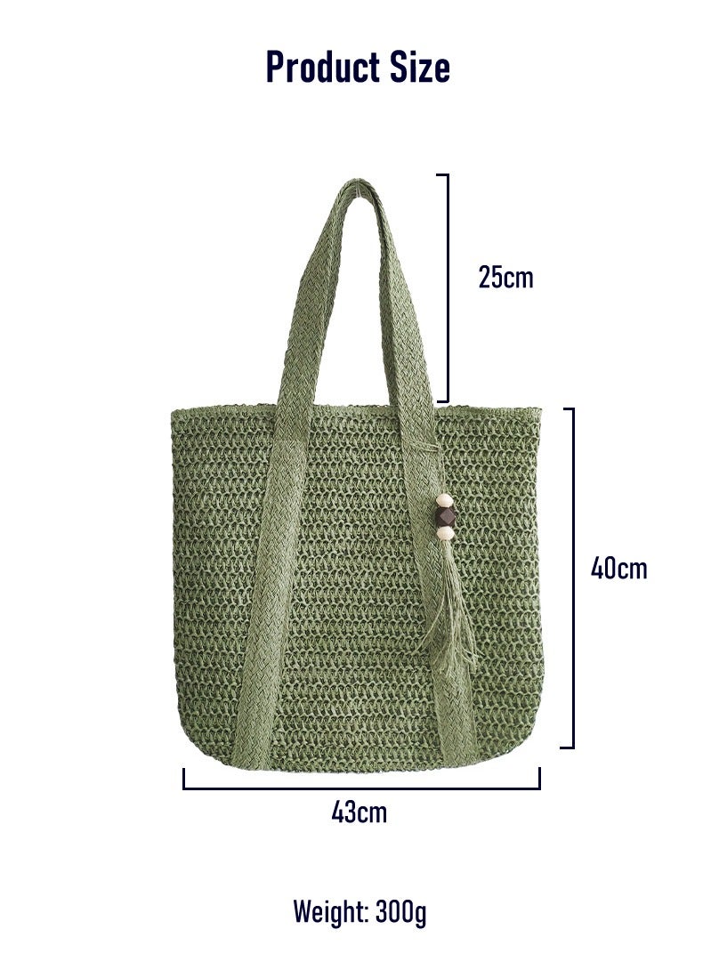 New Fashionable Green Woven Straw Shoulder Bag with Large Capacity, Free Sun Hat Included