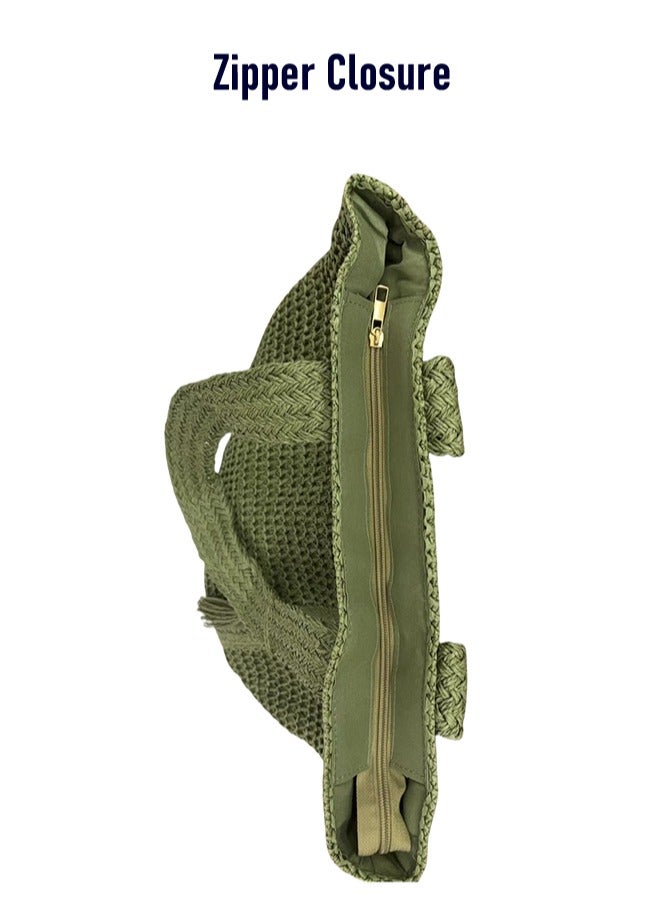 New Fashionable Green Woven Straw Shoulder Bag with Large Capacity, Free Sun Hat Included