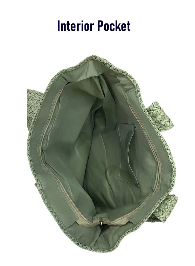 New Fashionable Green Woven Straw Shoulder Bag with Large Capacity, Free Sun Hat Included