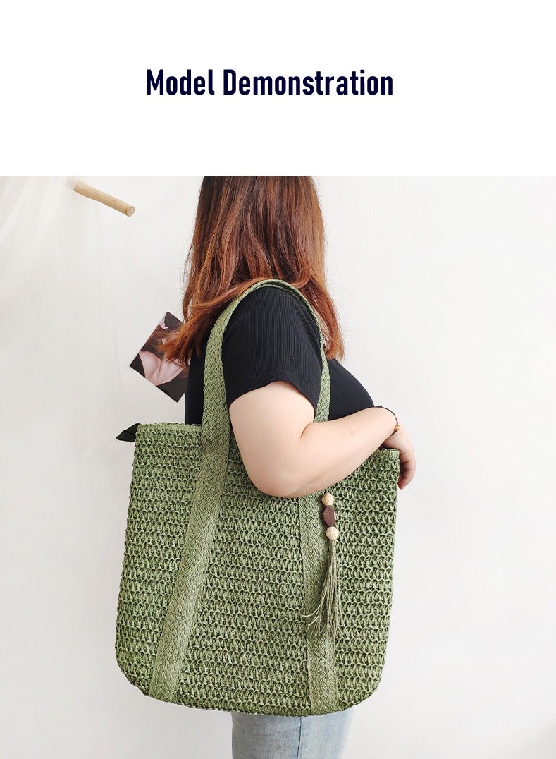 New Fashionable Green Woven Straw Shoulder Bag with Large Capacity, Free Sun Hat Included