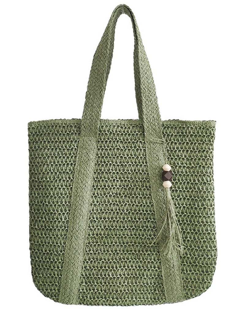 New Fashionable Green Woven Straw Shoulder Bag with Large Capacity, Free Sun Hat Included