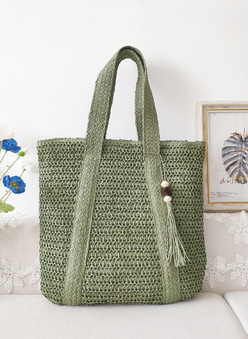 New Fashionable Green Woven Straw Shoulder Bag with Large Capacity, Free Sun Hat Included