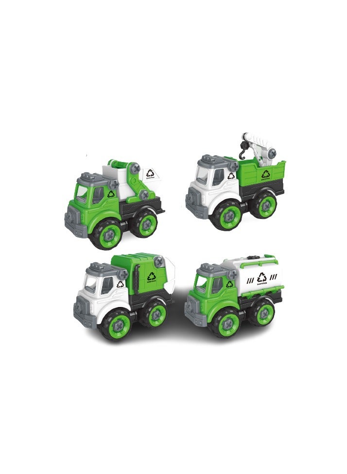 UKR 4 Cars Playset - Garbage Truck Recycling Set with Traffic Signs & Sanitation Accessories | Pull Back Green Cars | Perfect Big Birthday Gift for Kids