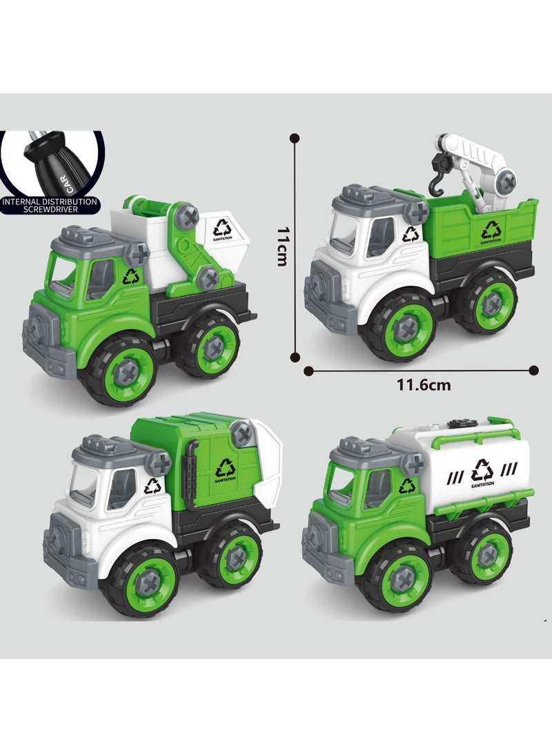 UKR 4 Cars Playset - Garbage Truck Recycling Set with Traffic Signs & Sanitation Accessories | Pull Back Green Cars | Perfect Big Birthday Gift for Kids