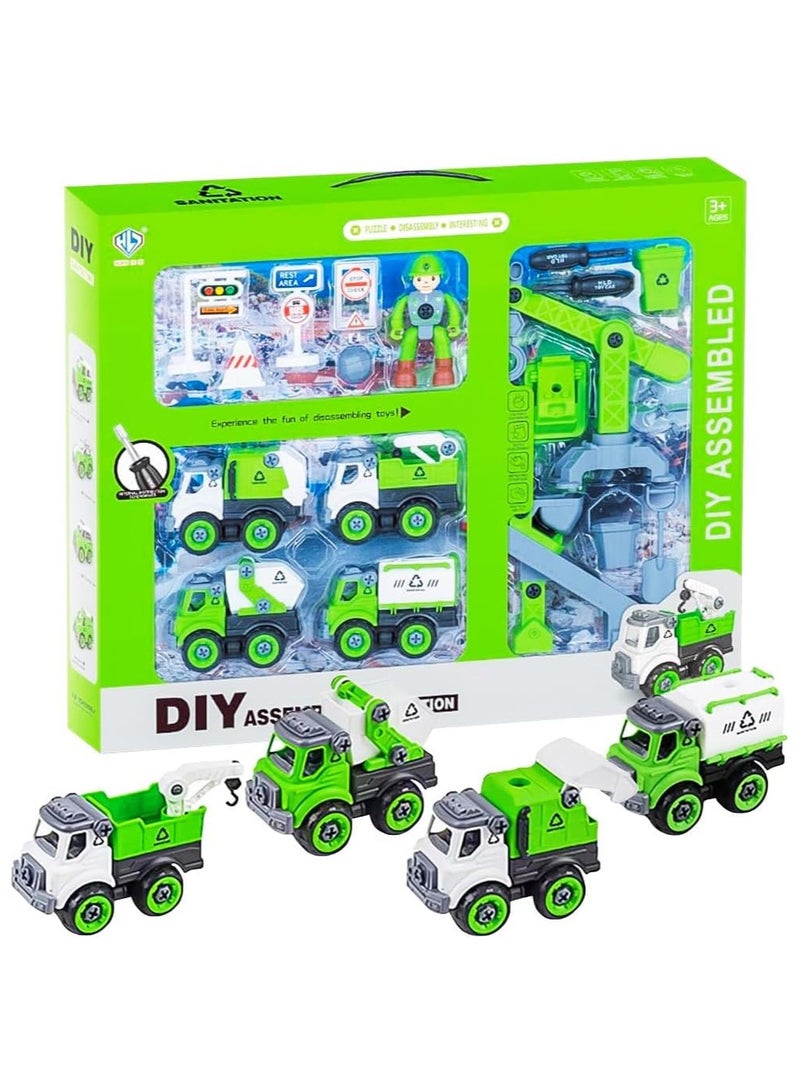 UKR 4 Cars Playset - Garbage Truck Recycling Set with Traffic Signs & Sanitation Accessories | Pull Back Green Cars | Perfect Big Birthday Gift for Kids