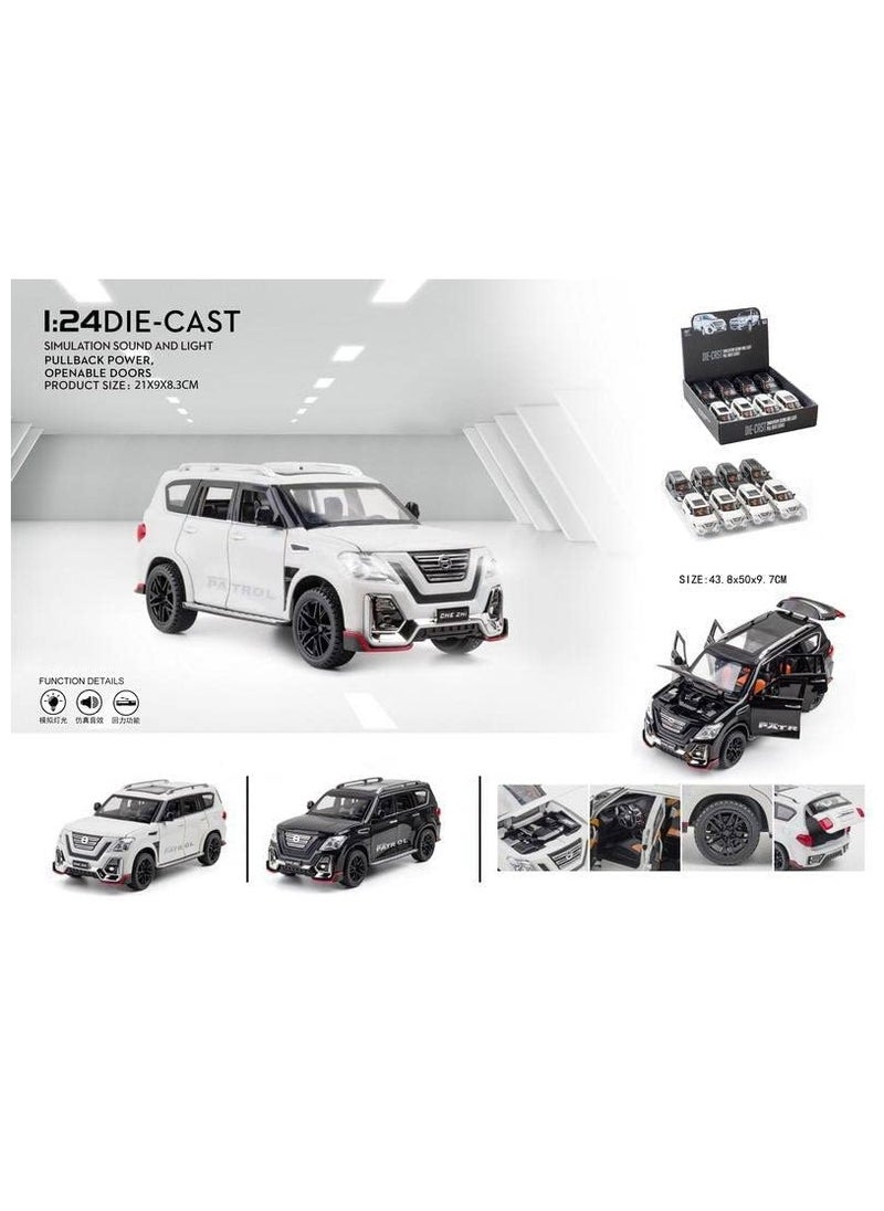 1:24 Diecast Model Alloy Nissan Patrol Metal Pull Back Car with Sound Light, 6 Openable Doors Toy Vehicles for Kids Gift (BLACK)