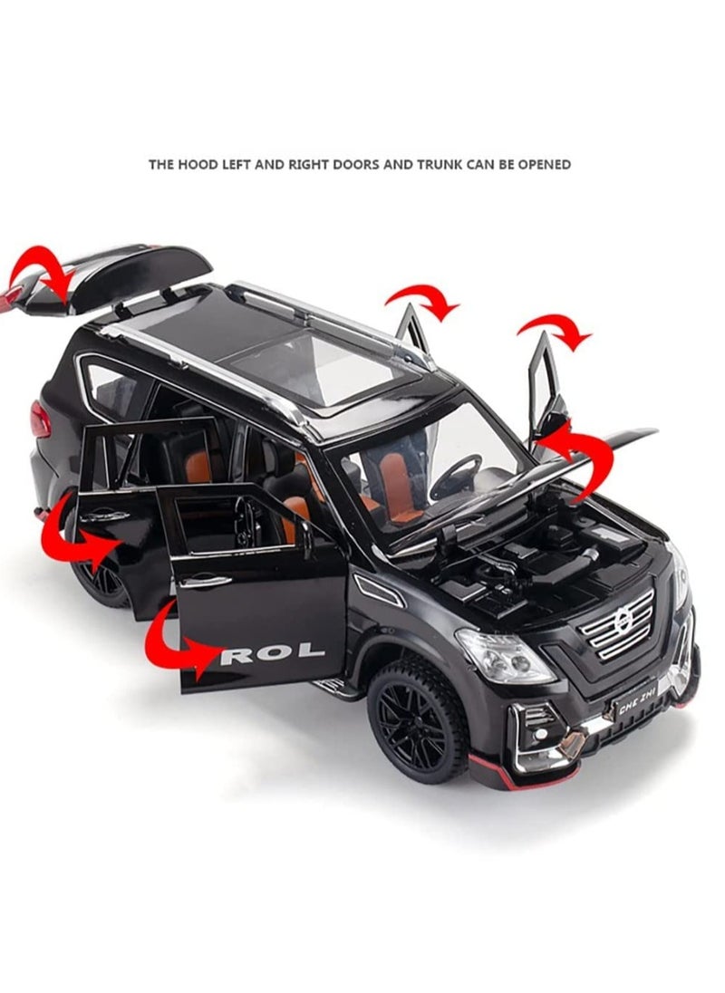 1:24 Diecast Model Alloy Nissan Patrol Metal Pull Back Car with Sound Light, 6 Openable Doors Toy Vehicles for Kids Gift (BLACK)