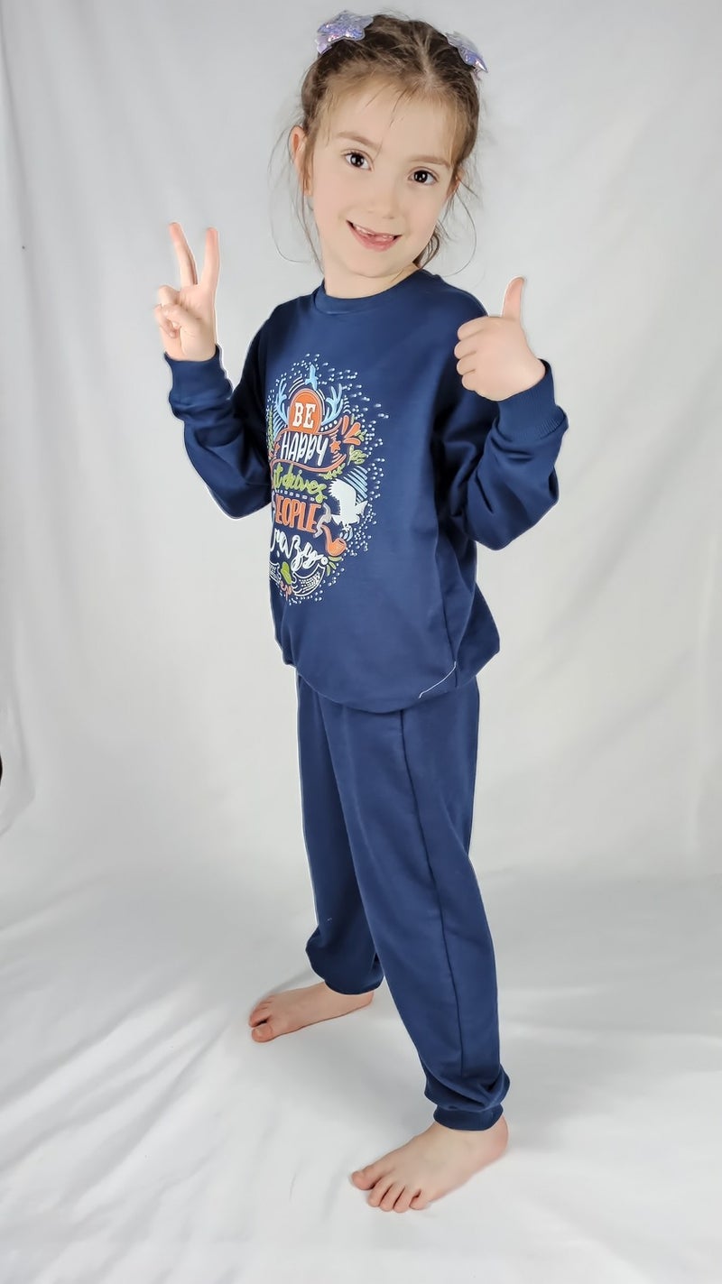 Girl Waitress Navy Blue Printed Cotton Tracksuit Set