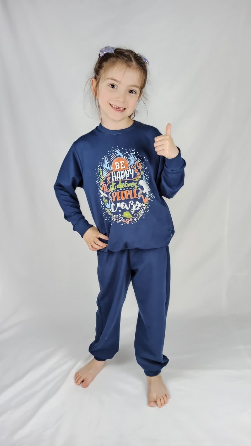 Girl Waitress Navy Blue Printed Cotton Tracksuit Set